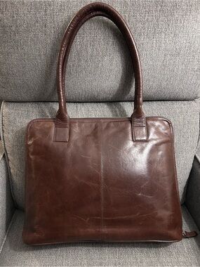 Latico Brown Leather Laptop Bag with silver zipper closure